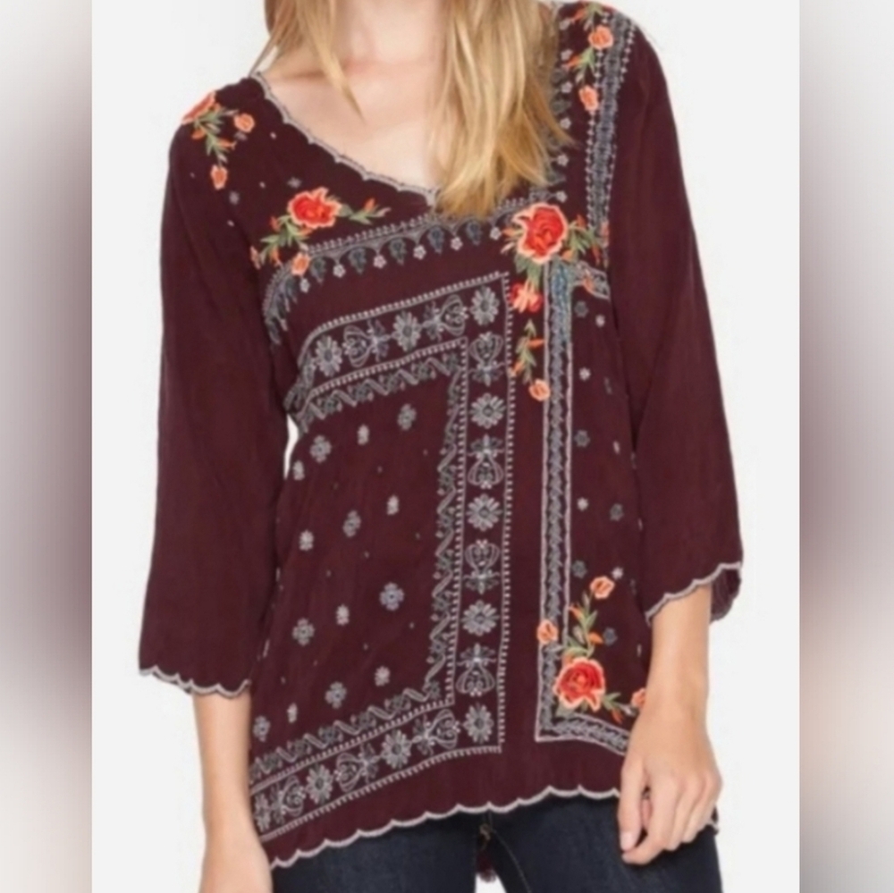 Johnny Was Bennet Blouse Floral Embroidered Blouse 3/4 Sleeve Burgundy Tunic Top